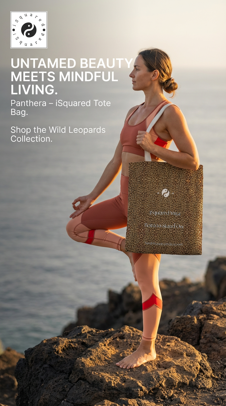 Tote bag featuring a classic leopard print in golden and black, held by a model in activewear on rocky terrain.