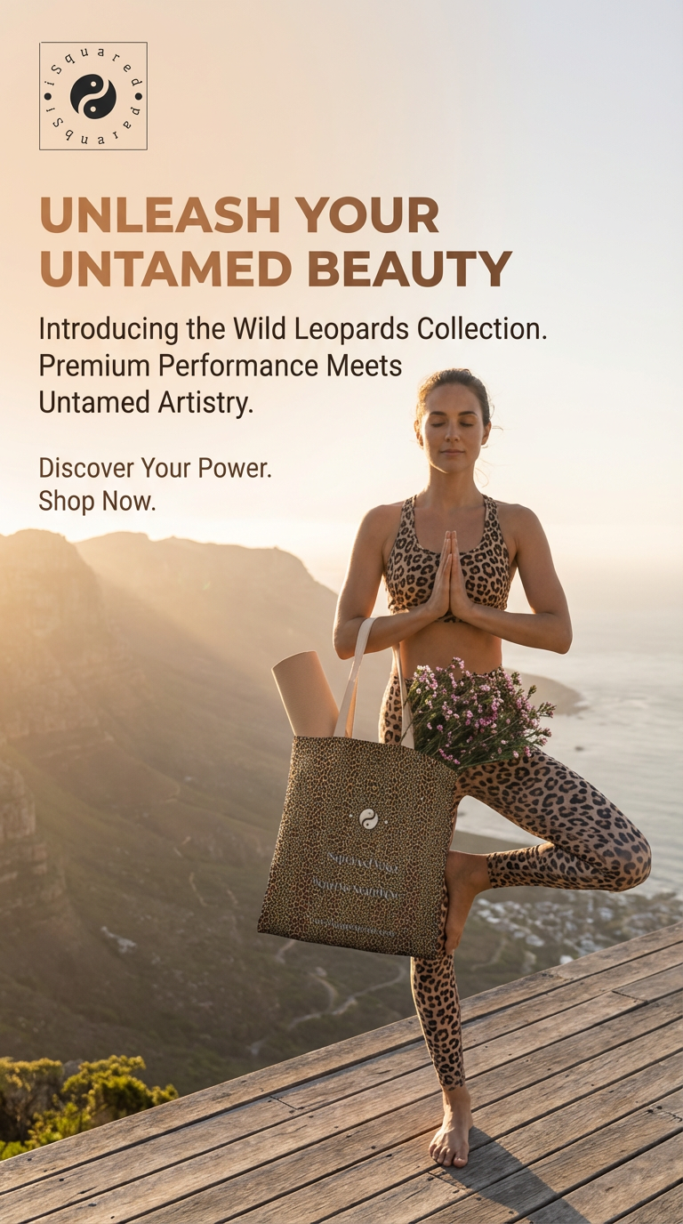Tote bag featuring classic leopard print in golden and black, held by a woman in a yoga pose on a scenic outdoor deck.
