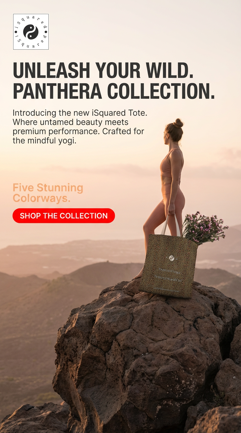 A model stands on a rocky outcrop at sunset, holding a Wild Leopards iSquared Tote Bag featuring a classic leopard print in golden and black spots.