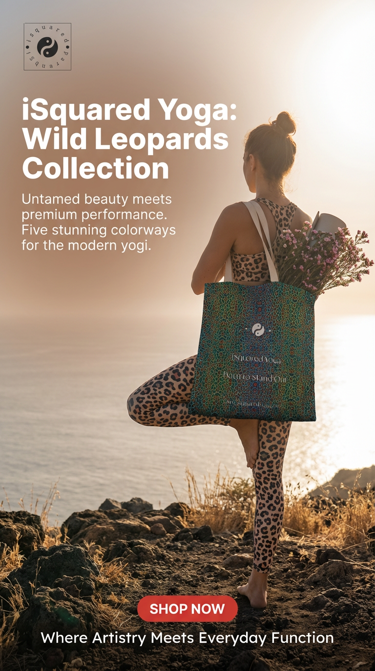 Tote bag featuring vibrant leopard print in green, blue, and orange, shown being carried by a model in yoga attire.