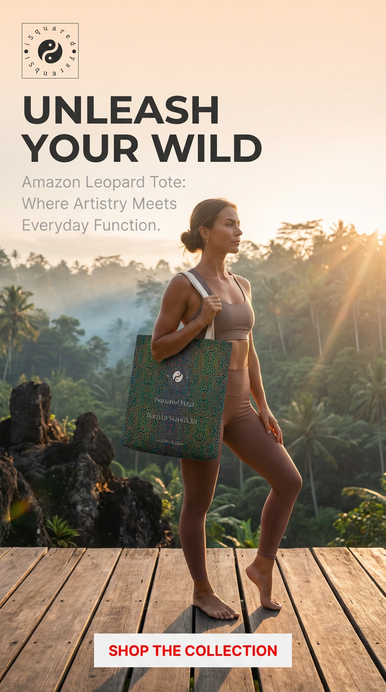 Tote bag with a vibrant Amazon Leopard print in green and black. Soft straps, held by a model, set against a lush background.