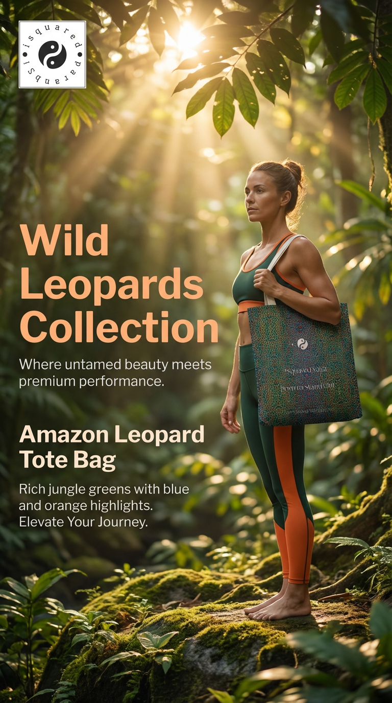 Tote bag featuring Amazon Leopard design with rich jungle greens, blue, and orange highlights, worn by a model.