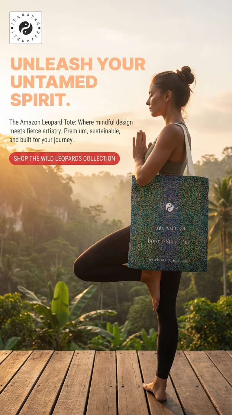 Tote bag featuring Amazon Leopard print with vibrant greens, blues, and orange accents; model poses in yoga stance.