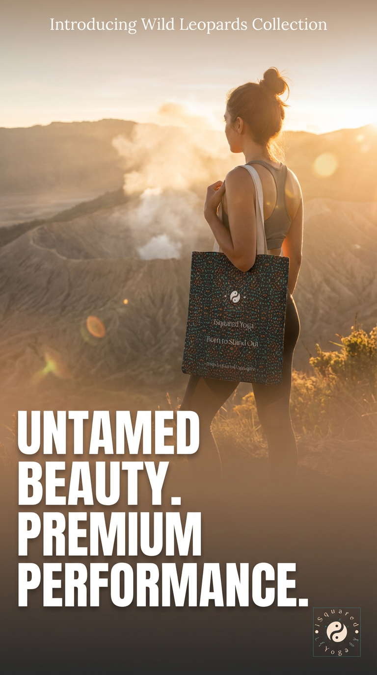 Tote bag featuring a colorful wild leopard print, held by a woman wearing a tank top and yoga leggings against a scenic backdrop.