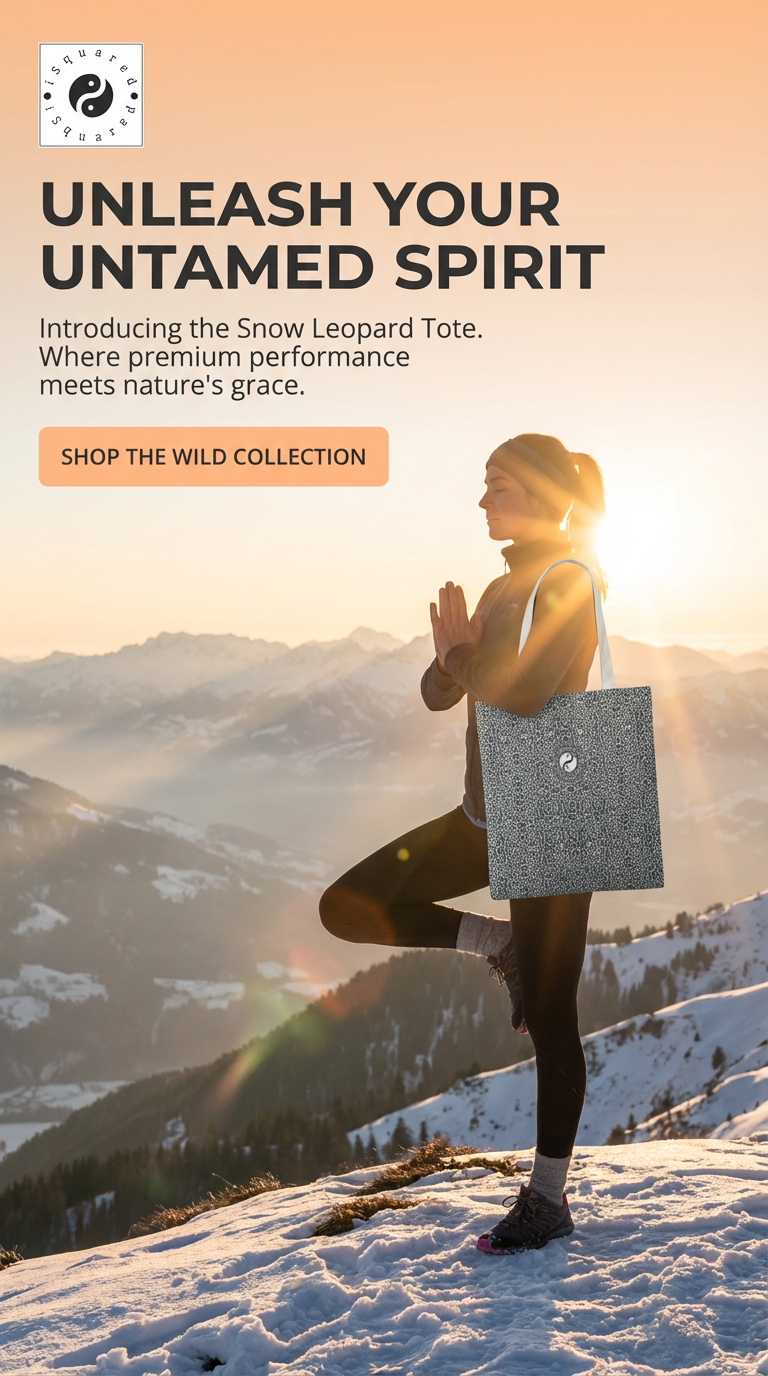 Tote bag with a snow leopard pattern, held by a woman in a yoga pose against a snowy mountain backdrop.