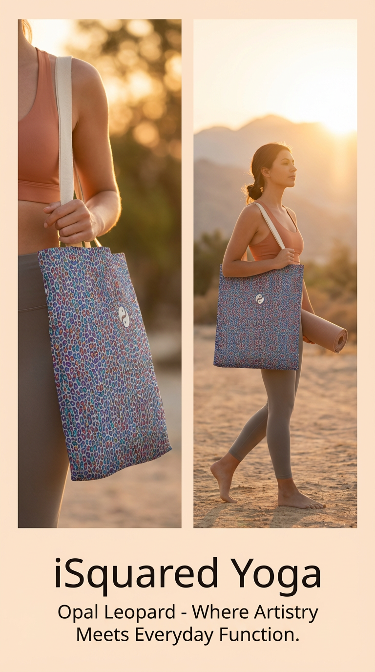 Colorful Opal Leopard tote bag with a soft touch, carried by a model, complemented by an orange sports bra and yoga mat.