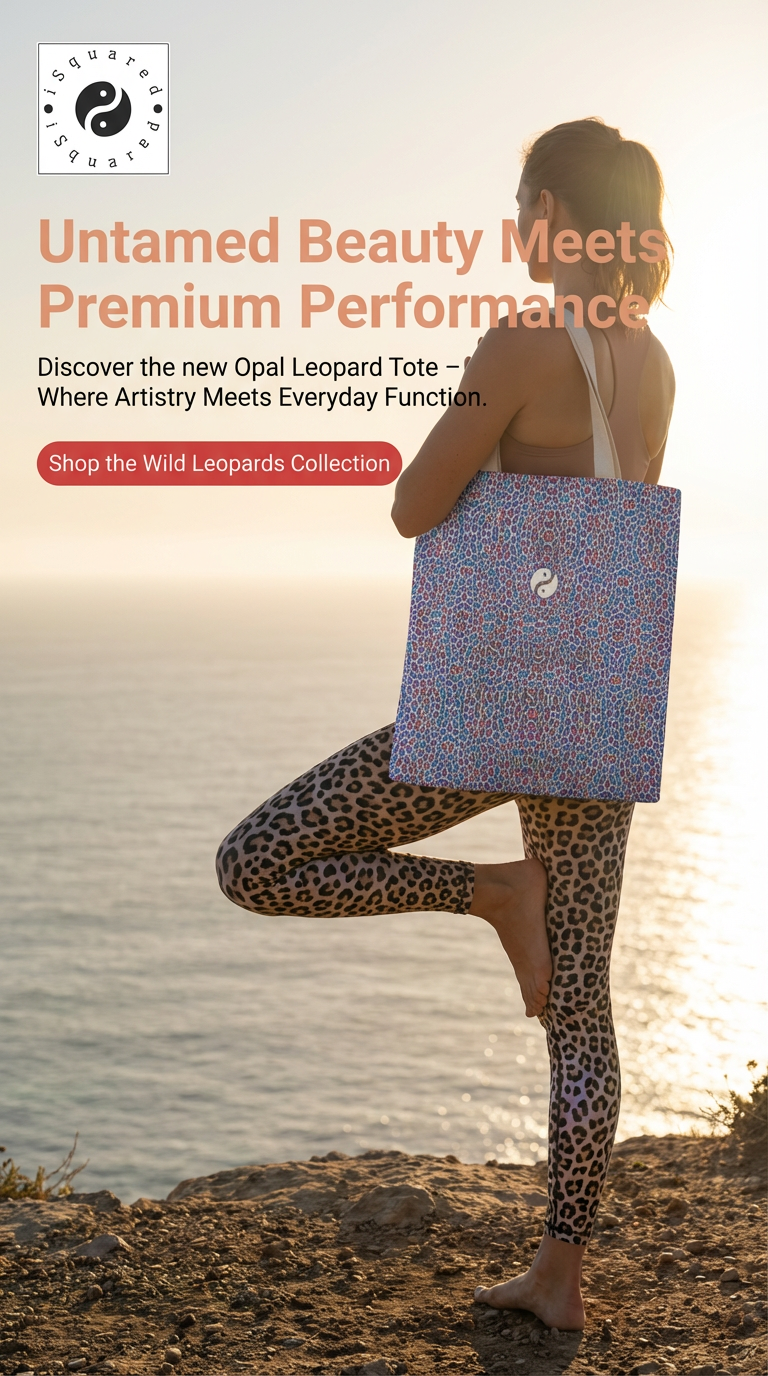 Colorful Opal Leopard tote bag held by a model wearing leopard-print leggings, backdrop of sunset over water.