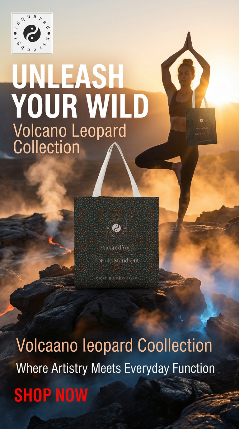 Tote bag featuring a Volcano Leopard print with vibrant orange and blue patterns, held by a woman in yoga pose.