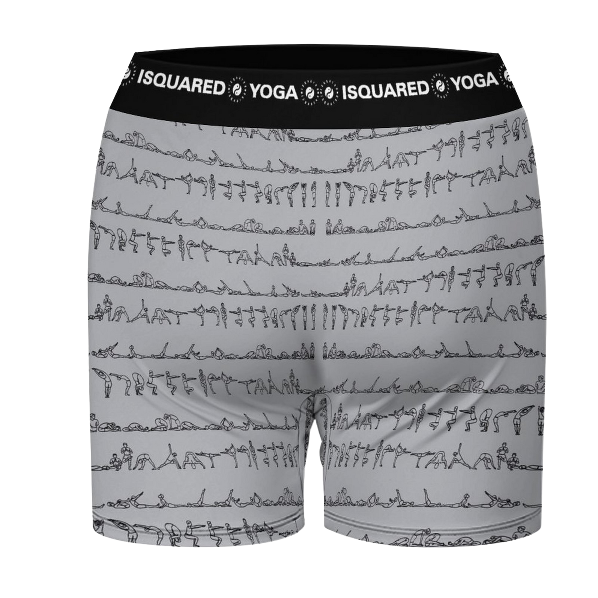 Bikram Pastel iSquared Yoga Shorts in light grey with black yoga pose illustrations and a wide elastic waistband.