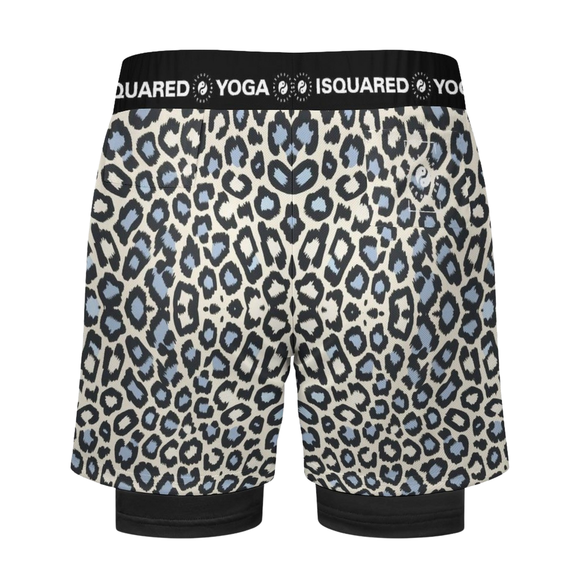 Compression yoga shorts in wild leopard print with blue and black spots, featuring a black elastic waistband.