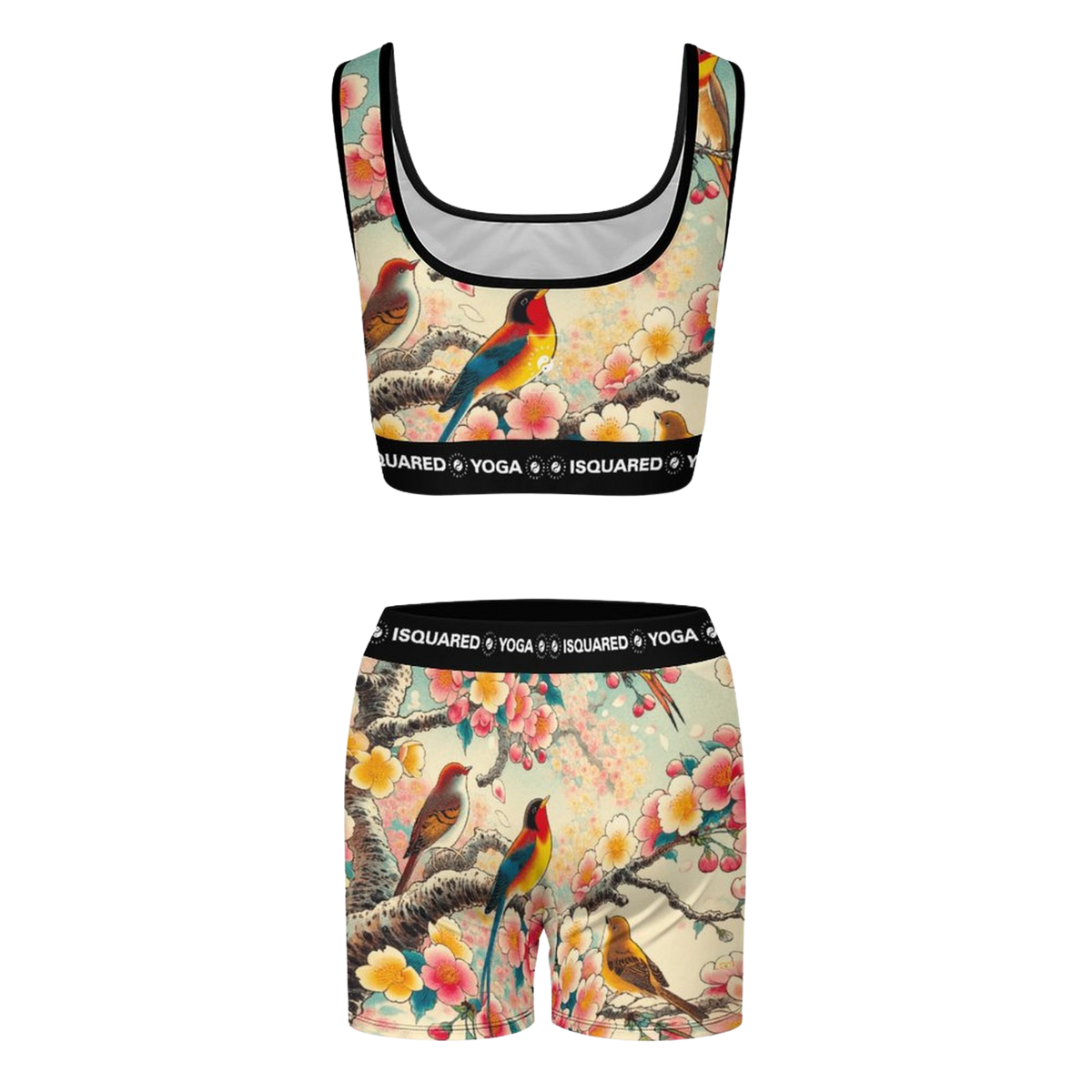 Colorful iSquared Yoga Set featuring a cropped top and shorts, adorned with a floral and bird print on a light background.