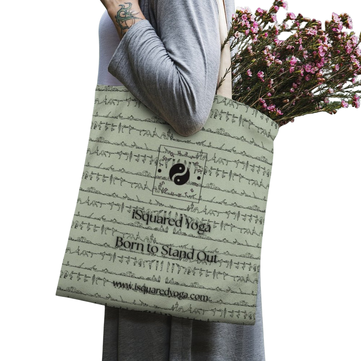 Bikram Pastel iSquared Yoga tote bag in 100% cotton canvas with double-sided 26-posture Bikram series print