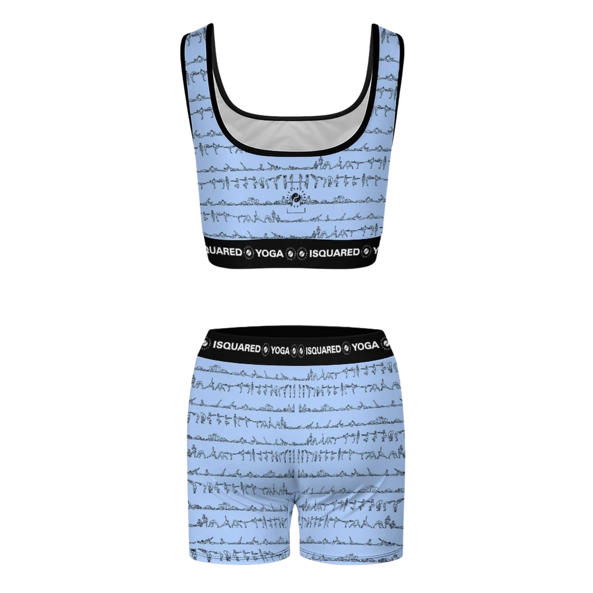 Pastel blue sports bra and shorts set featuring a unique black line drawing of yoga poses, with a comfortable waistband.