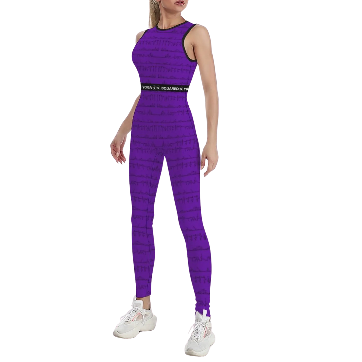 Sleeveless purple jumpsuit featuring a textured pattern, worn comfortably with a matching waistband and styled with white sneakers.