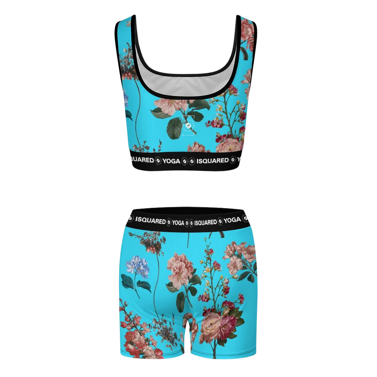 Botanicals iSquared Yoga Set featuring a floral design on a turquoise background, with a fitted crop top and high-waisted shorts.