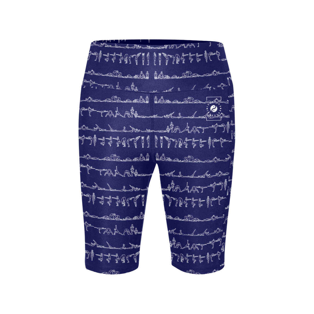 High-waisted, navy biker shorts featuring a white yogic silhouette pattern, designed for comfort and performance.