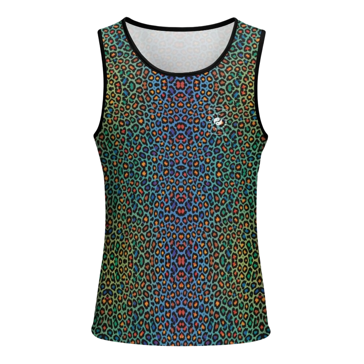 Vibrant iSquared Tank Top featuring a colorful wild leopard print with green, blue, orange, and black hues.
