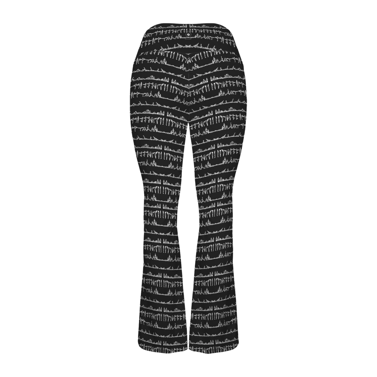 Black leggings with a unique white pattern depicting yoga poses, featuring a cross-waisted design and flared legs.