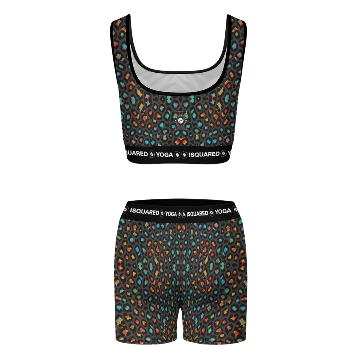 Wild Leopards iSquared Yoga Set featuring a vibrant multi-color leopard print in orange, turquoise, and black. The set includes a crop top and matching shorts with a supportive waistband.