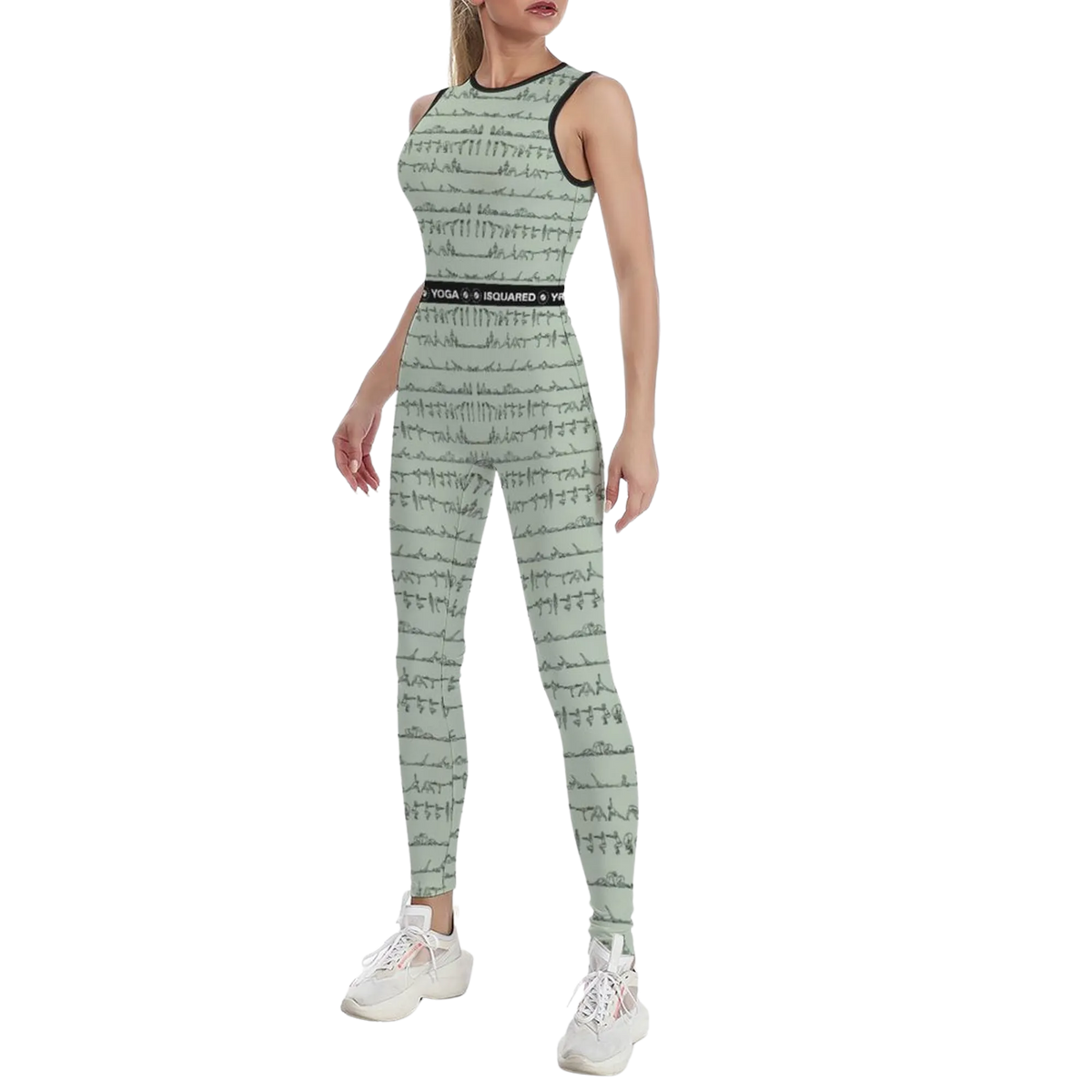 Sleeveless pastel green jumpsuit with a body-contouring fit and a patterned design, worn by a model with white sneakers.