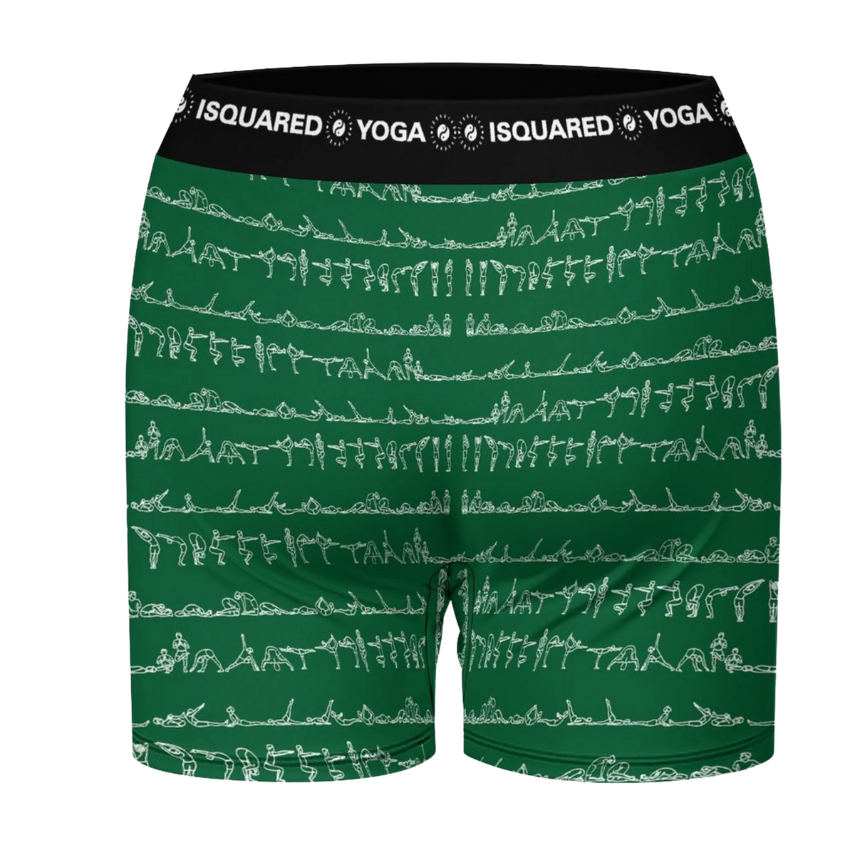 Unisex green Bikram Ember yoga shorts featuring white line art of yoga poses and a black elastic waistband.
