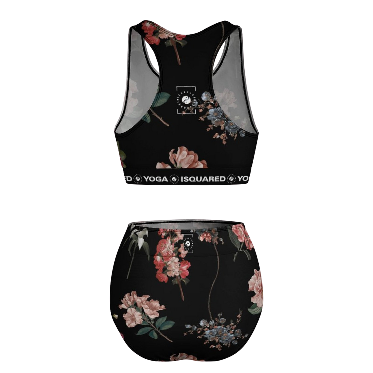 Botanicals Hot Yoga Bikini Set featuring a black background with colorful floral patterns, designed for style and comfort.