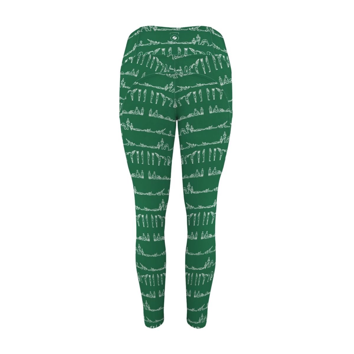 Green leggings featuring a white pattern of yoga poses, with a high-rise waistband and snug fit.