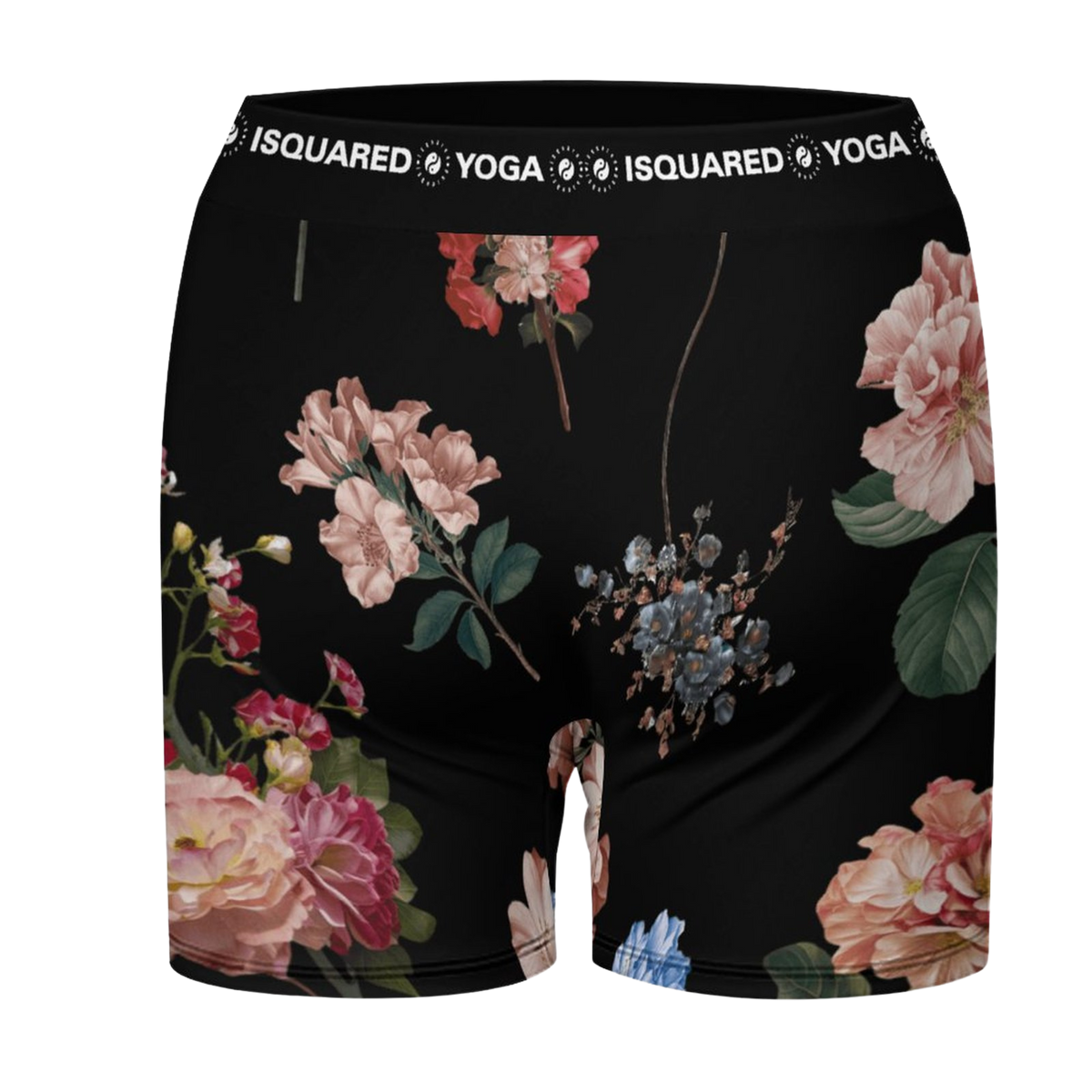 Black iSquared Yoga Shorts featuring a floral print with pink, white, and blue flowers, accented by a wide elastic waistband.