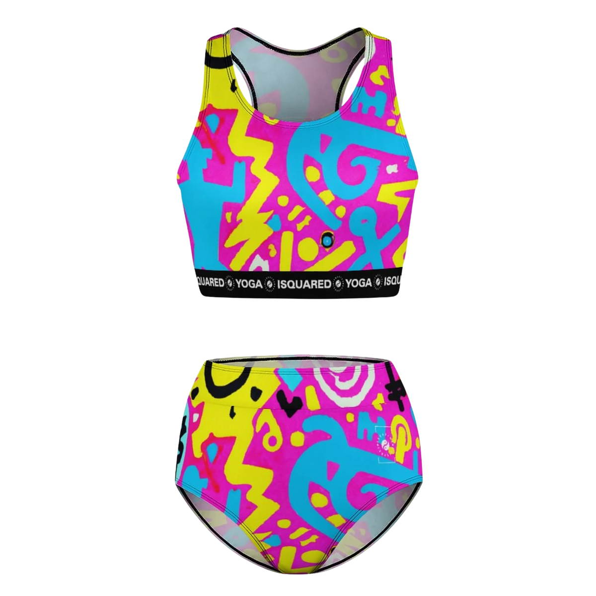Brightly colored hot yoga bikini set featuring a crop top and high-waisted bottoms, adorned with abstract patterns in pink, blue, and yellow.