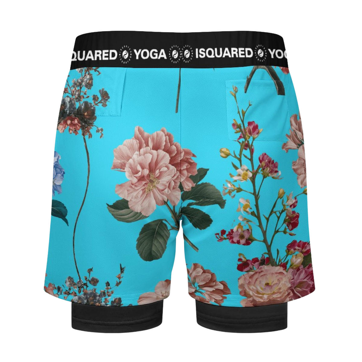 Compression Yoga Shorts in vibrant turquoise with floral pattern, black waistband, and side pockets for convenience.