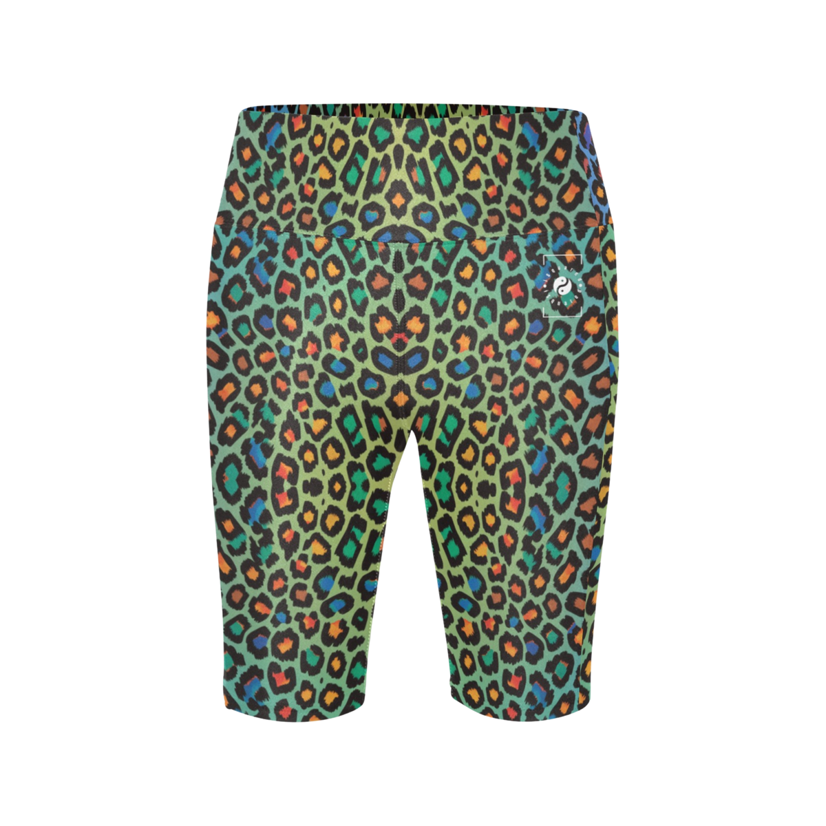 High-waisted biker shorts in a vibrant, multi-colored leopard print, designed for comfort and performance.