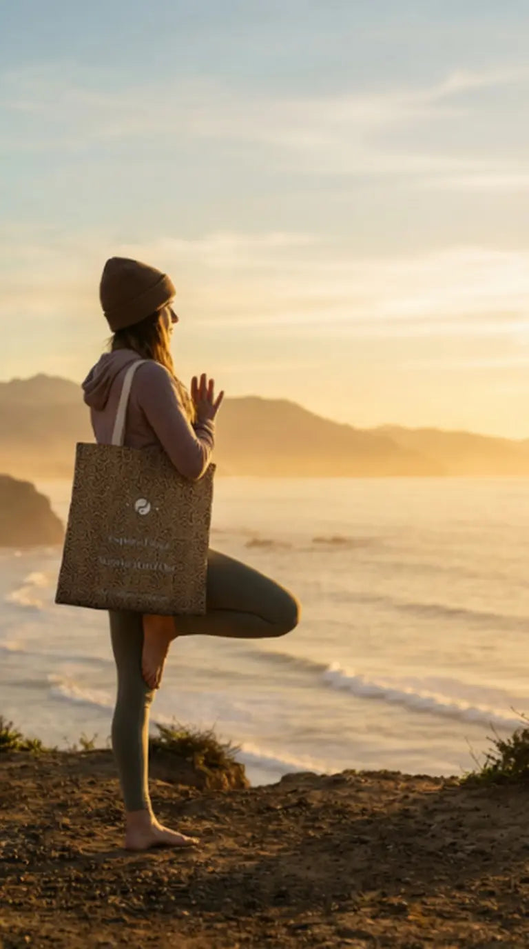 Tote bag featuring a wild leopards print, carried by a model in yoga pose against a sunset beach backdrop.