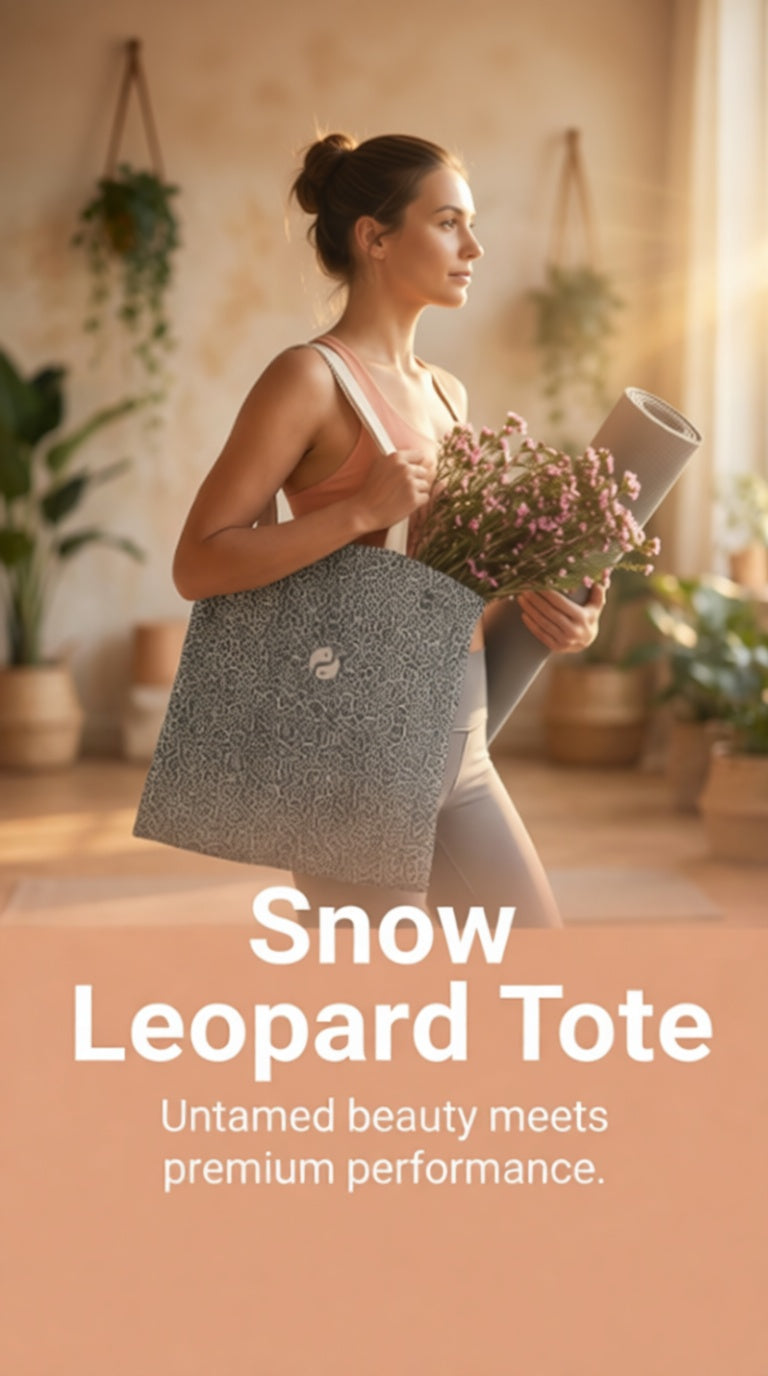 Spacious Snow Leopard tote bag in gray and white print, held by a model carrying flowers and a yoga mat.