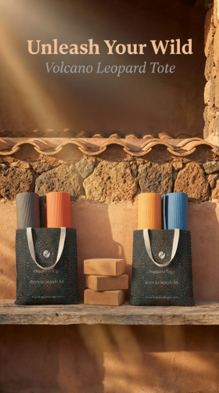 Two tote bags in the Volcano Leopard design, featuring a dark background with a colorful leopard print, displayed on a rustic shelf alongside yoga mats and blocks.