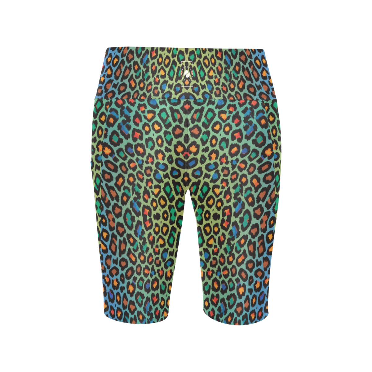 High-waisted biker-length shorts in vibrant leopard print featuring green, orange, black, and blue colors.