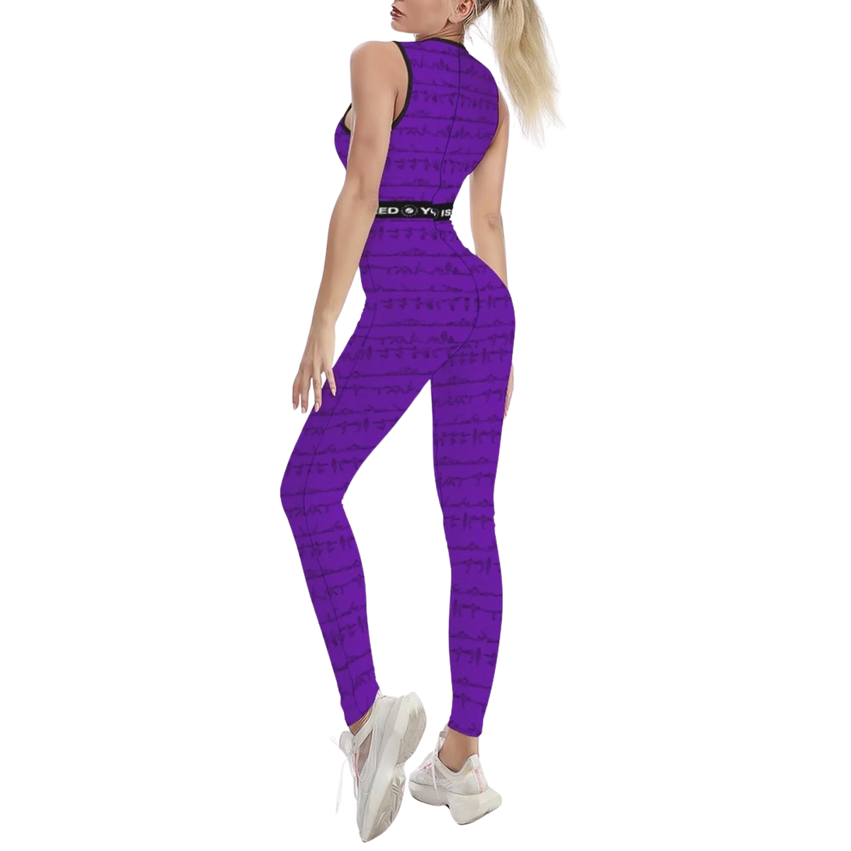 Sleeveless purple jumpsuit featuring a unique pattern, fitted design, and worn with white athletic shoes.
