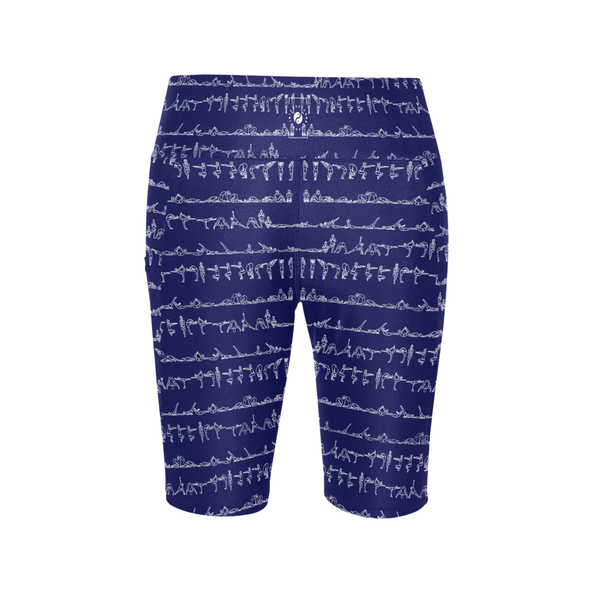 High-waisted bikers shorts in deep navy with white yoga posture print, offering mid-thigh coverage and pockets.