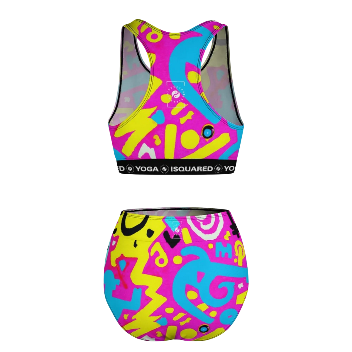 Bright pink and blue hot yoga bikini set featuring abstract patterns, with a racerback top and high-waisted bottom.
