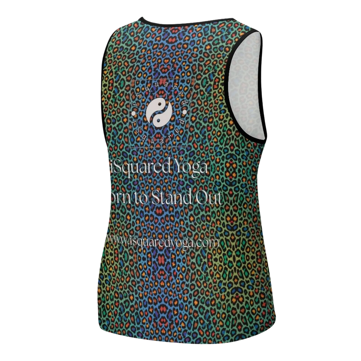 Sleeveless iSquared Tank Top featuring a vibrant wild leopard print in greens, blues, and reds, with a fitted silhouette.