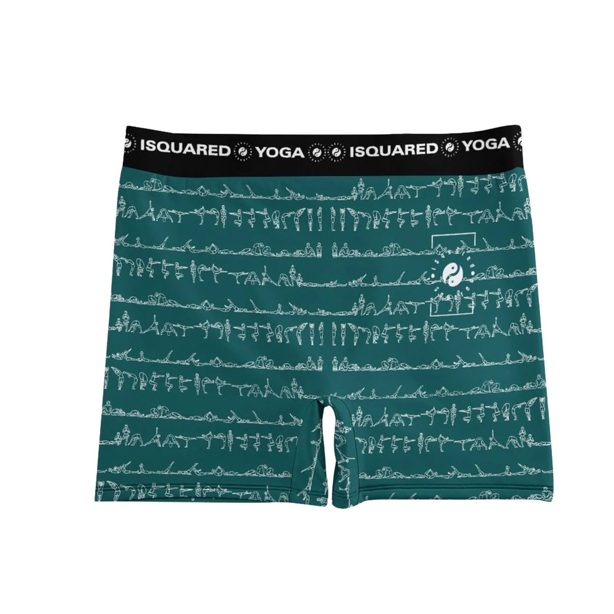 Bikram Ember yoga shorts in teal featuring a white yoga pose print and a black elastic waistband with the iSquared Yoga logo.