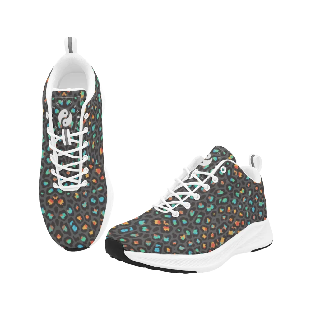 Men's runners in a black, blue, and orange leopard print. Features white laces and sole. Soft vegan faux suede material.