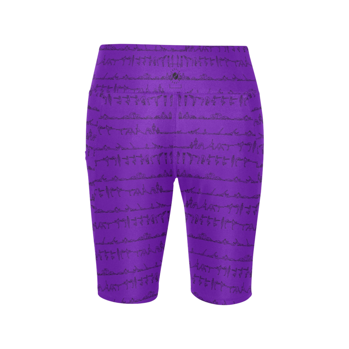 High-waisted purple biker shorts adorned with a black yoga pose print, designed for comfort and performance.