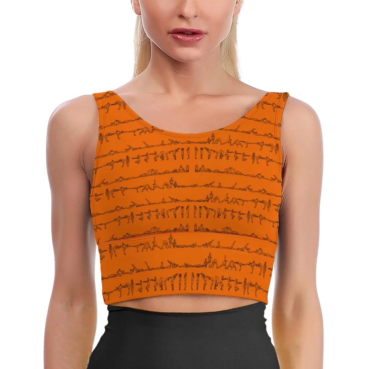 Bikram Series iSquared Crop Top with all-over yoga pose print, padded support, cropped fit, and U-back design