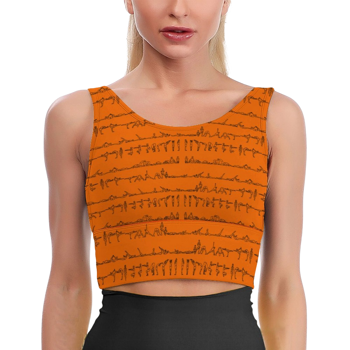 Bikram Series iSquared Crop Top with all-over yoga pose print, padded support, cropped fit, and U-back design
