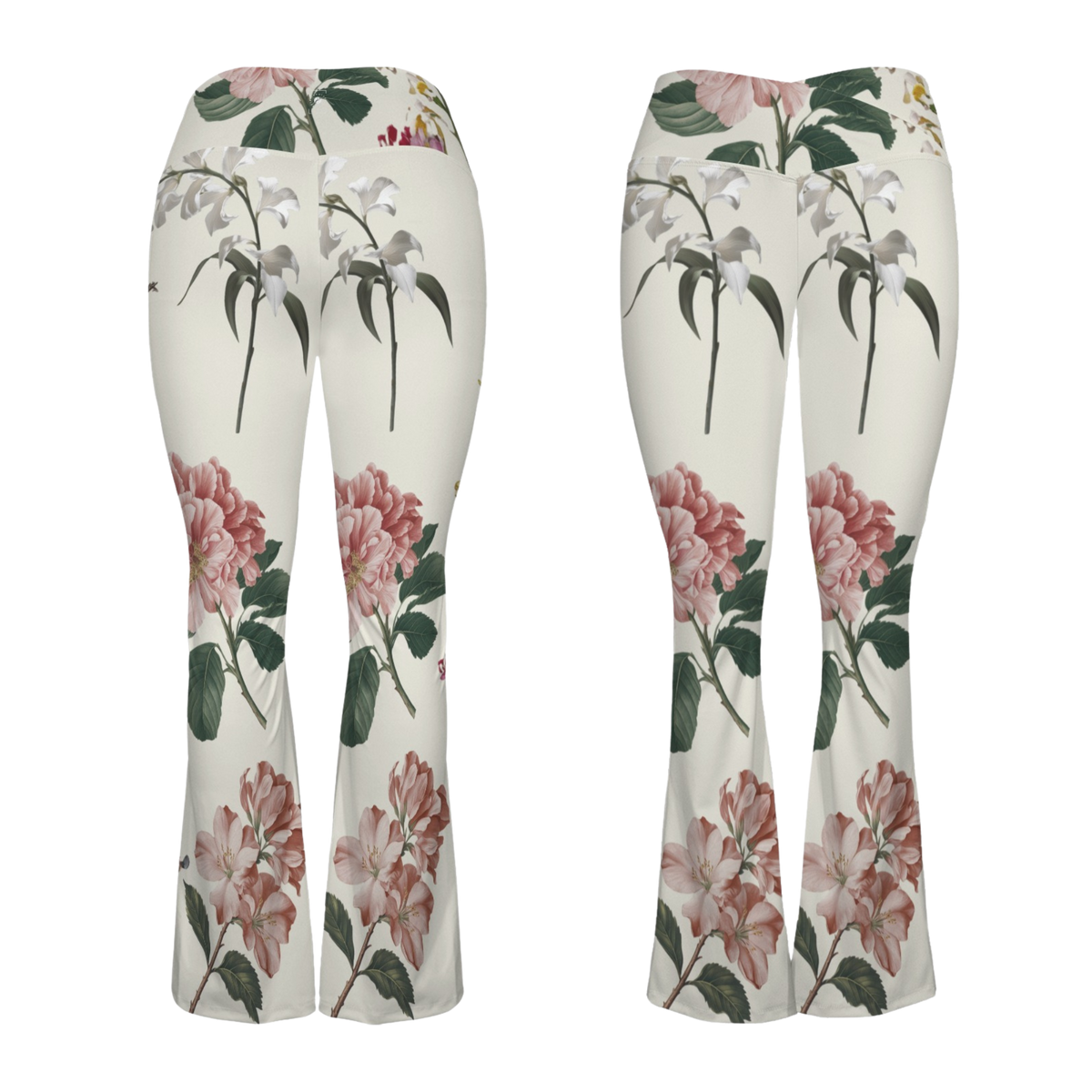 Cross waisted flair leggings with floral print in shades of pink and green against a cream background.