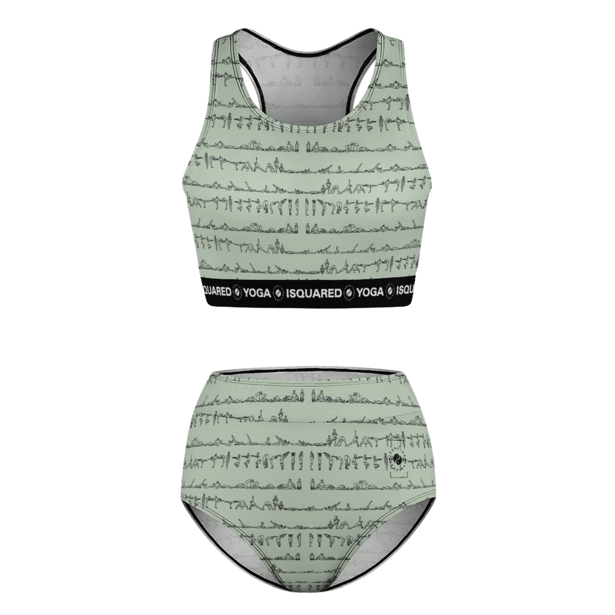 Pastel green hot yoga bikini set featuring a patterned crop top and high-waisted bottom, designed for comfort and flexibility.
