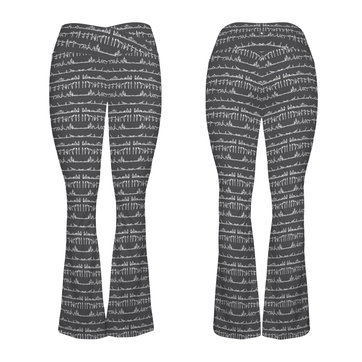 Bikram Ember Cross Waisted Flair Leggings in gray featuring white abstract patterns, with a crossover waistband and flared legs.