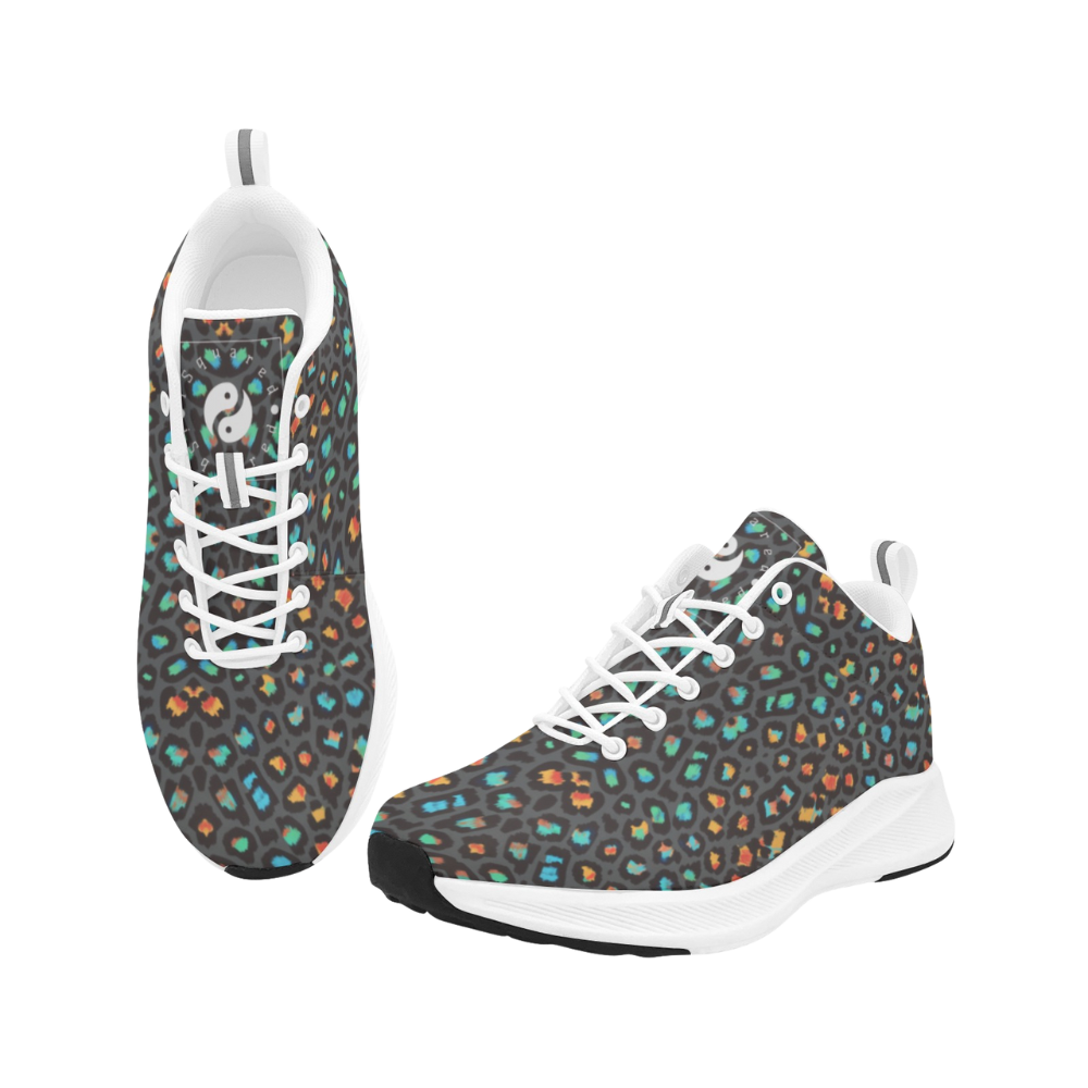 Men's runners featuring a vibrant leopard print in black, turquoise, and orange, with a white sole and laces.