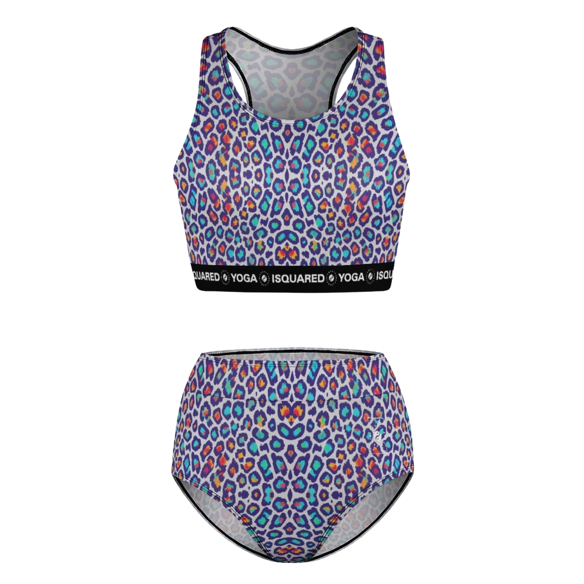 Hot yoga bikini set featuring a multicolored leopard print, including blue, orange, and purple tones, with a black band.