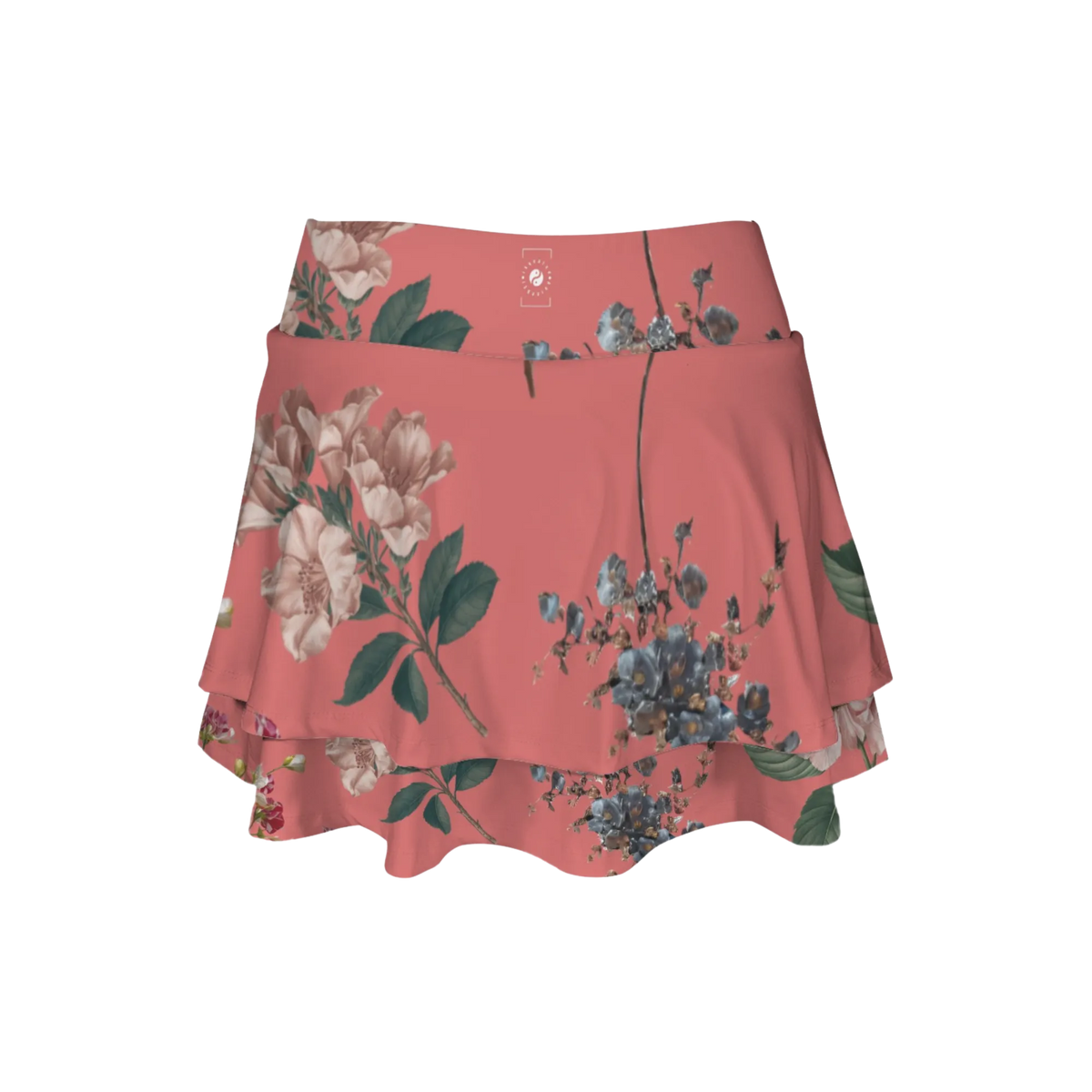 Botanicals iSquared Ruffle Skirt with high waist, layered ruffle hem, and built-in shorts in botanical print